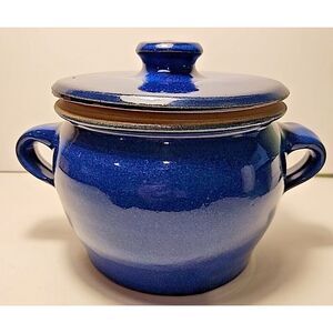 Small Handmade Signed Clay Pottery Biscuit Jar Bowl Glazed Cobalt Blue‎ with Lid